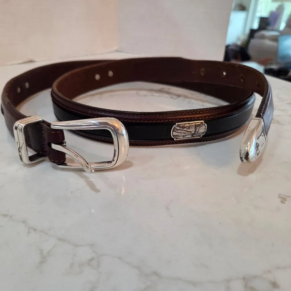Onyx By Brighton Mens Size 42 Belt Brown & Black‎ Leather Golf Scenes Golf Belt